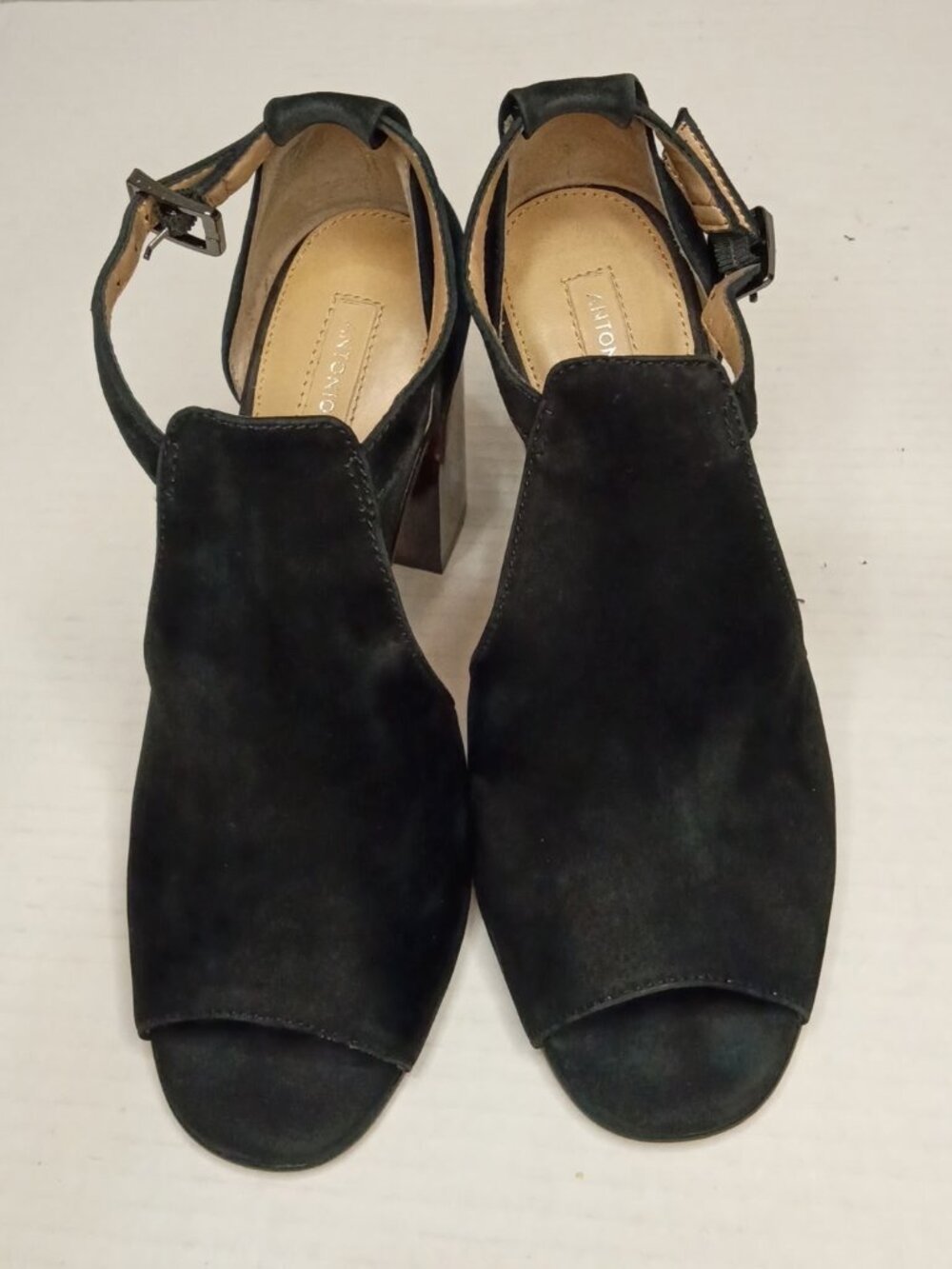 Antonio Melani Black Suede Leather Peep Toe Block Heels Women's Size 5.5M